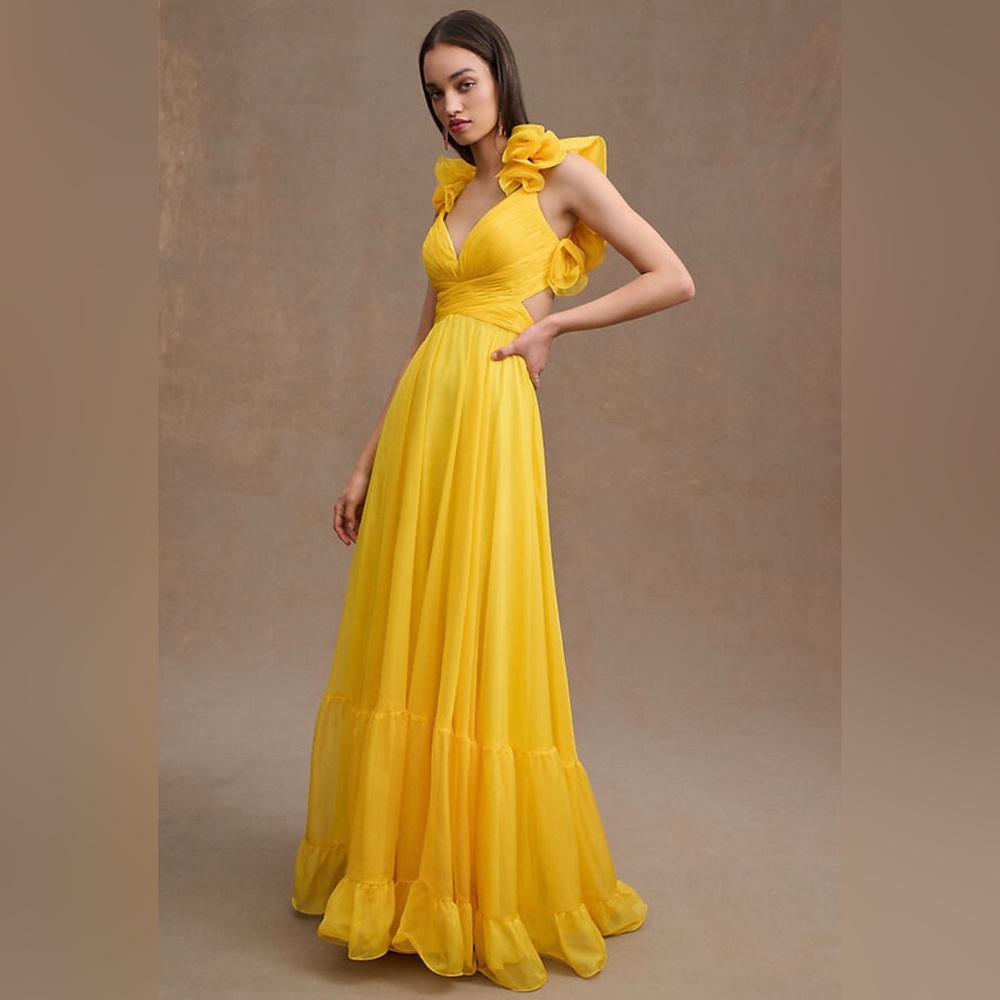 NWT Mac Duggal 67911 Neon Yellow Ruffle Tiered Cut-Out Chiffon Gown Size 4 - Picture 7 of 9
